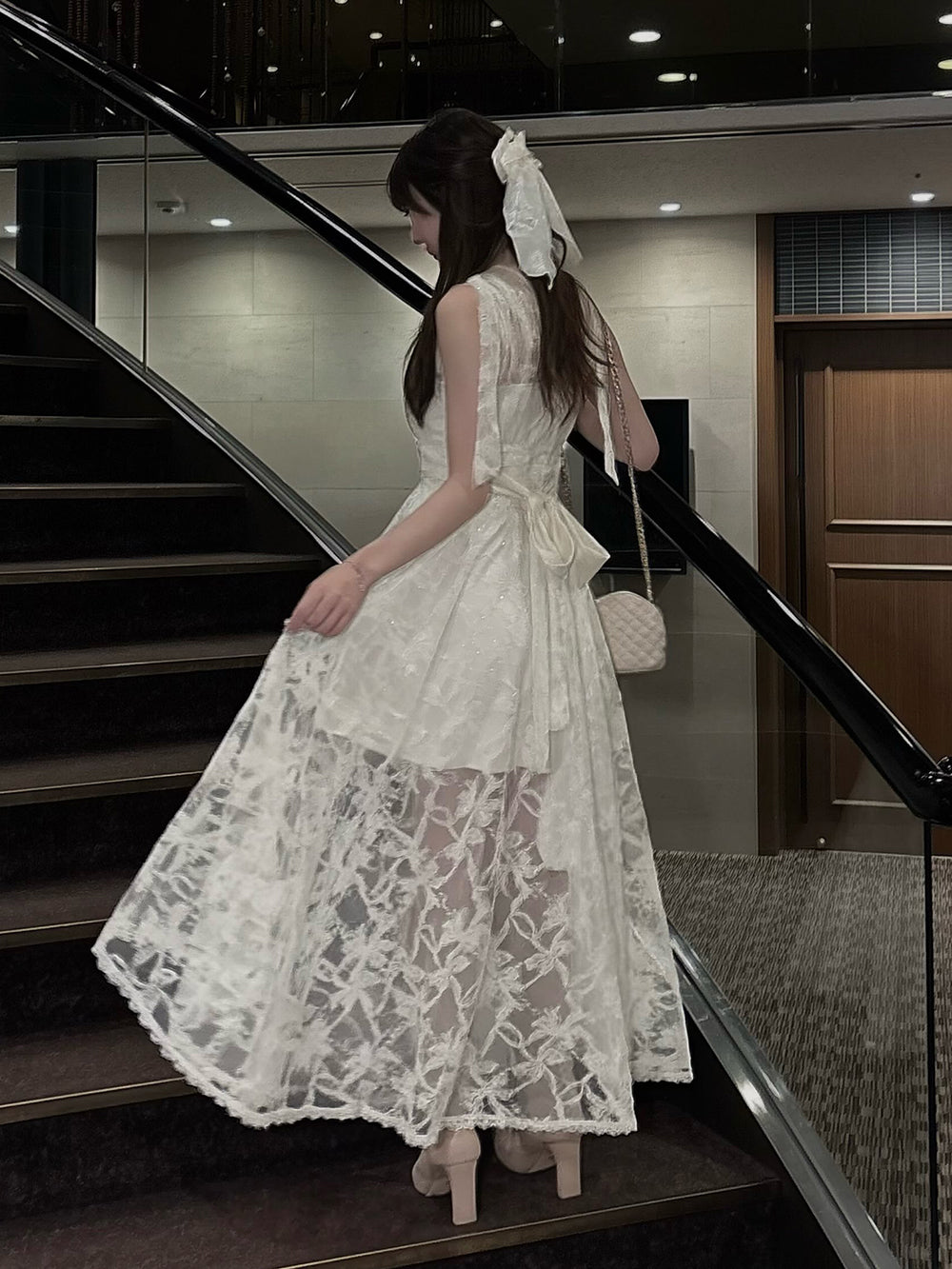 バックリボンフローラルレースロングワンピース