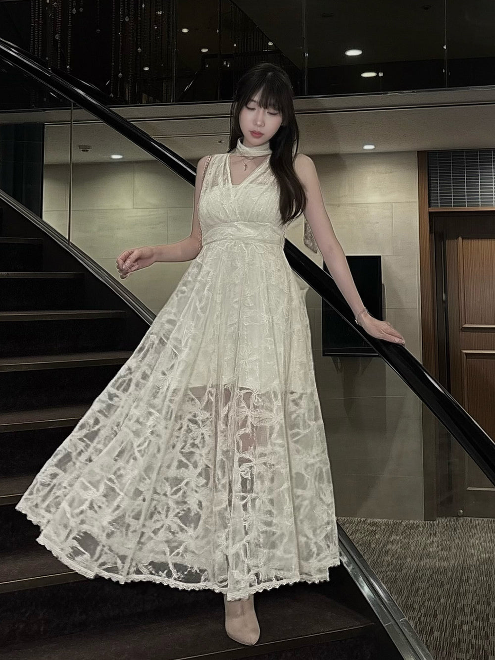 バックリボンフローラルレースロングワンピース