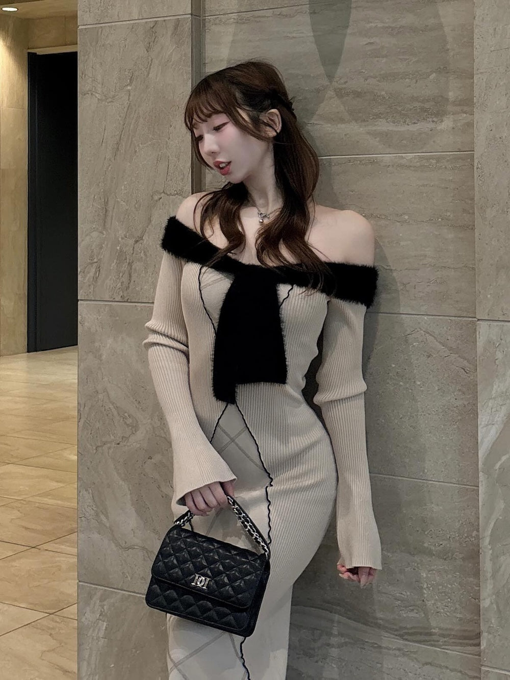 リボンステッチニットロングワンピース – Darich