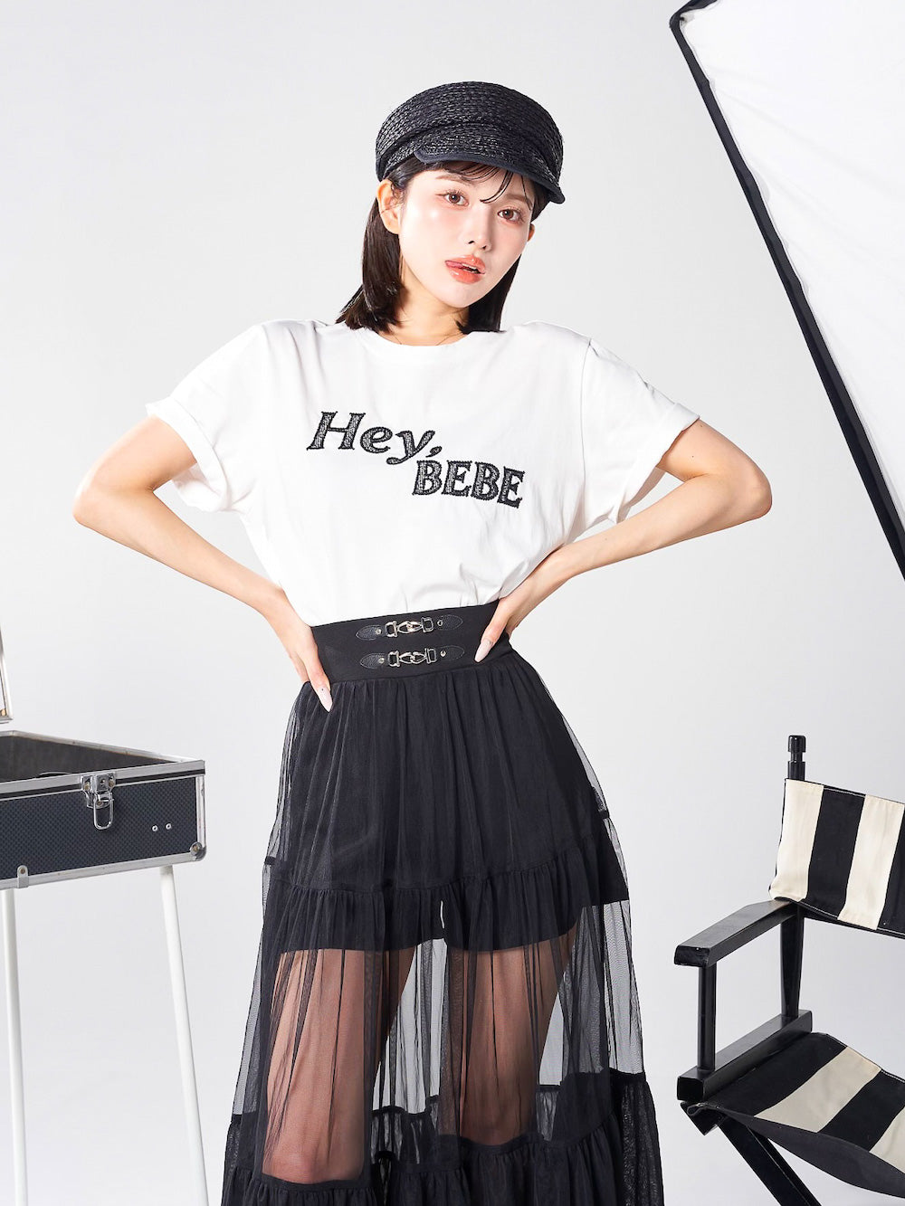 シアーエンブロイダリーTシャツ - blk