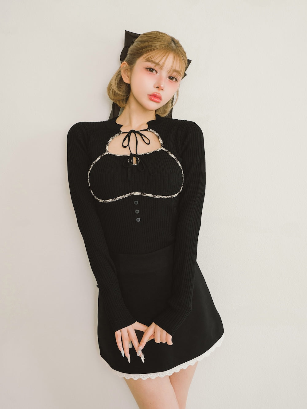 フロントオープンリブニットトップス - blk