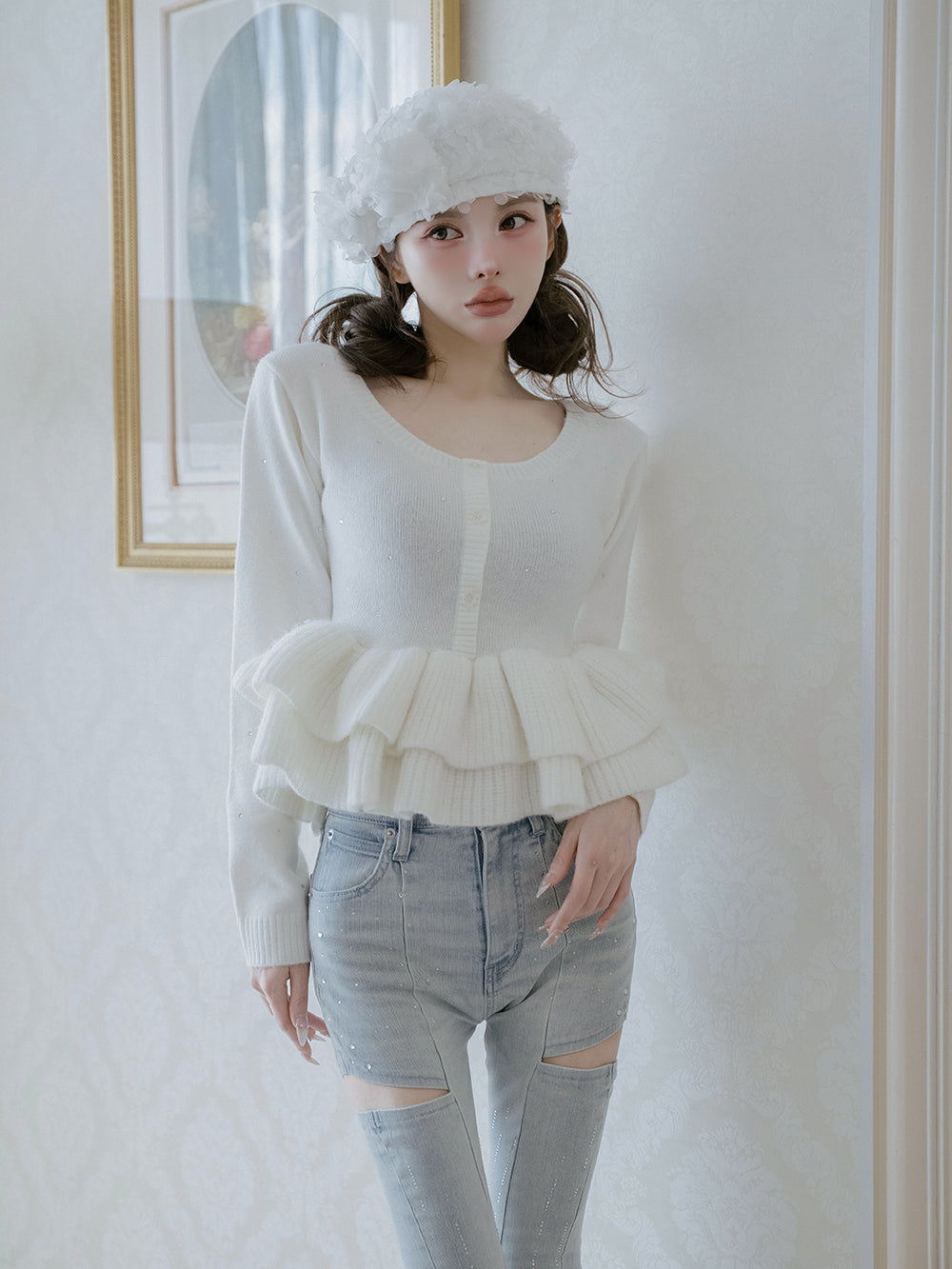 ダーリッチ darich ペプラムビジューニットトップス WHT 白 ホワイト ペプラムビジューニットトップス – Darich