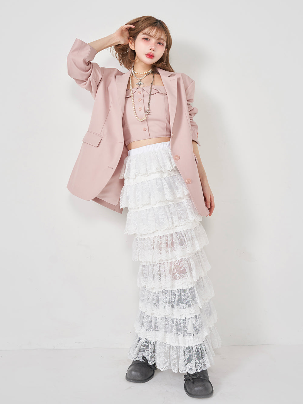 フラワーレースティアードフリルスカート