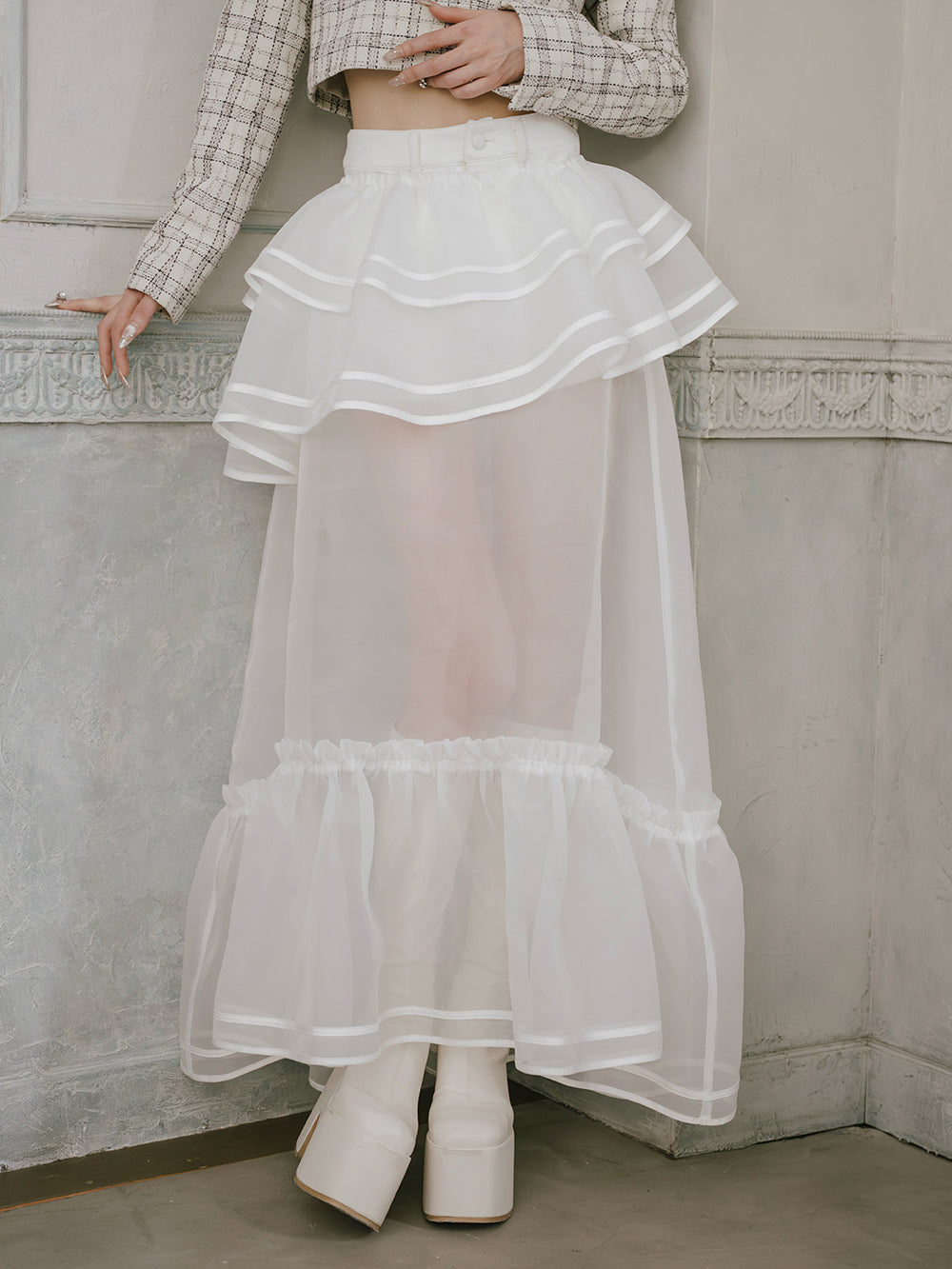Layered Sheer Piping Volume Skirt