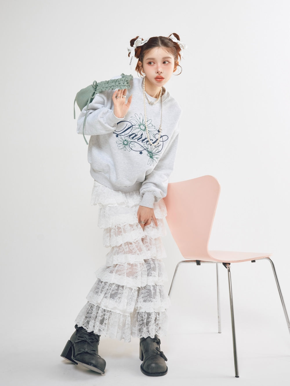 フラワーレースティアードフリルスカート