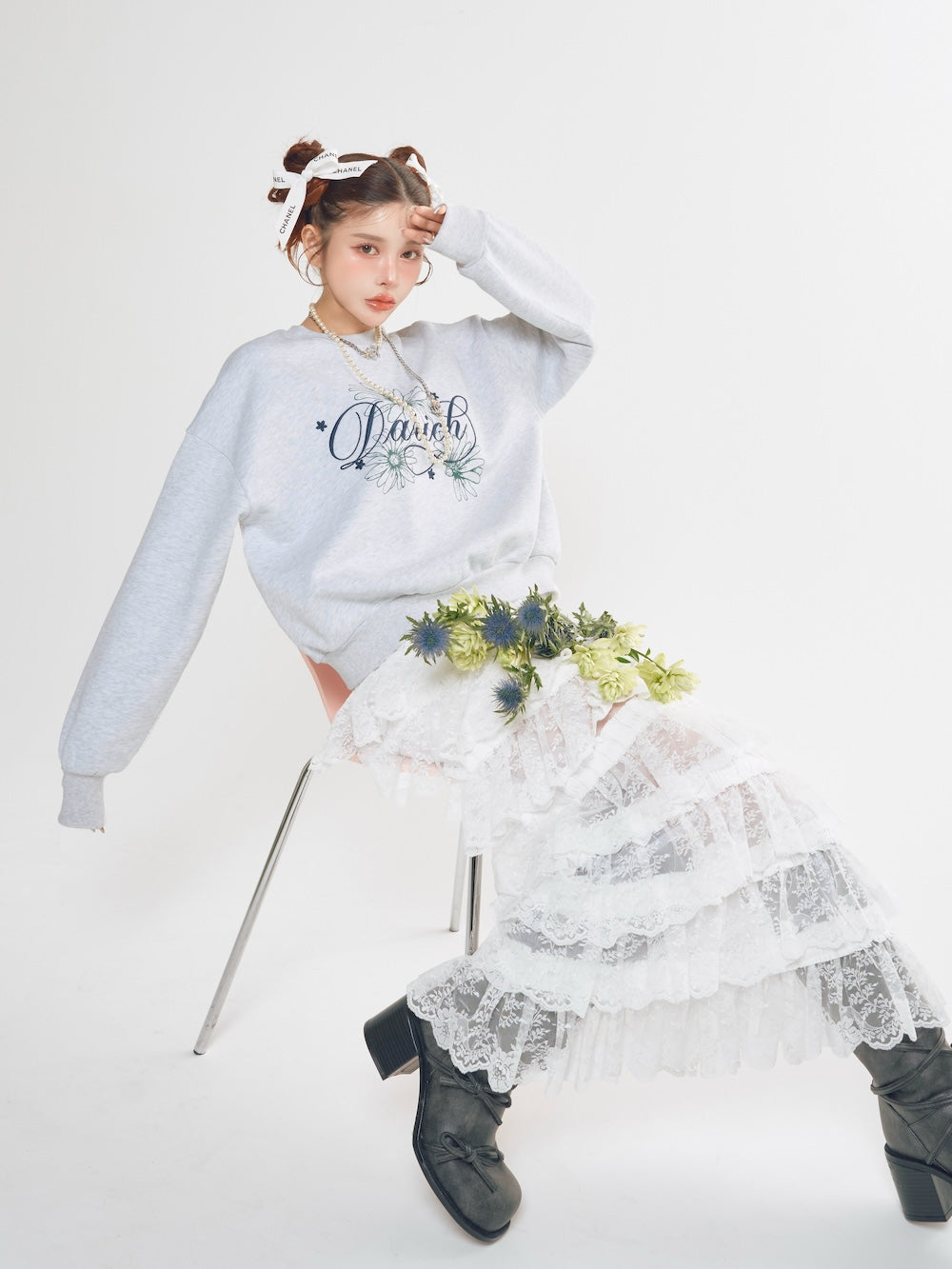 フラワーレースティアードフリルスカート