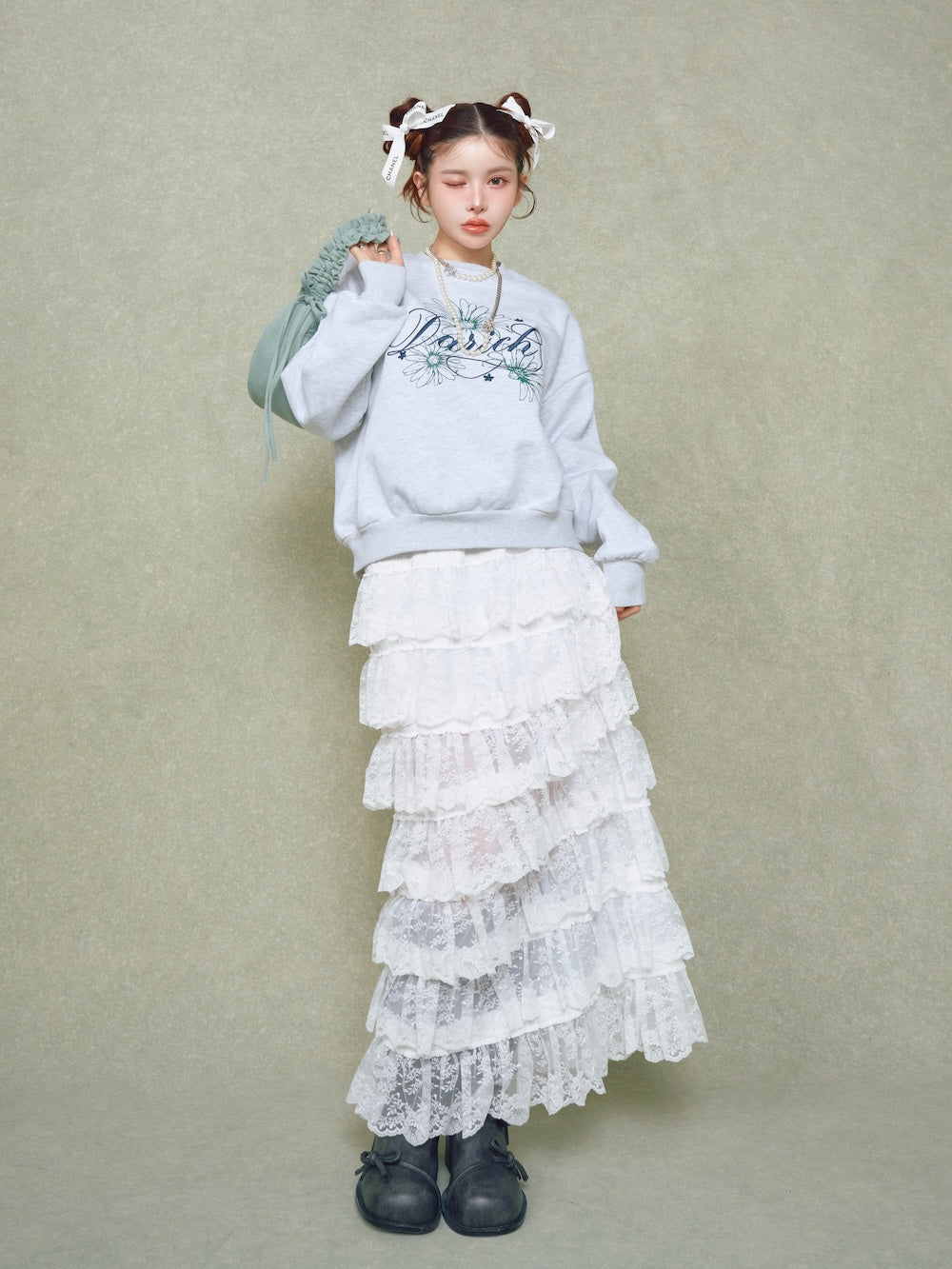 フラワーレースティアードフリルスカート