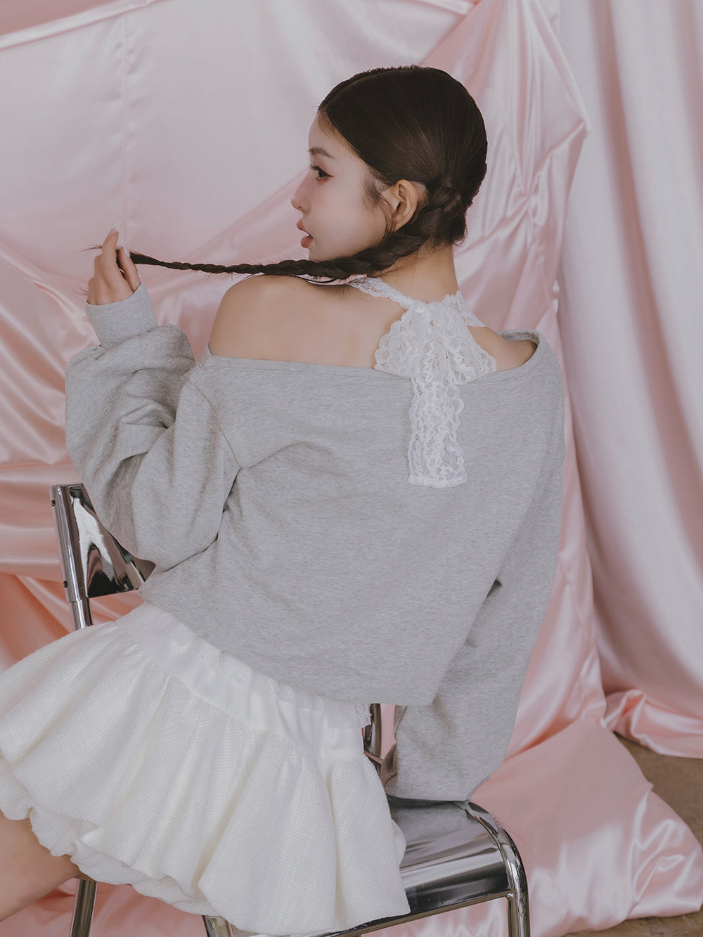 ホルターレースワンショルスウェットトップス