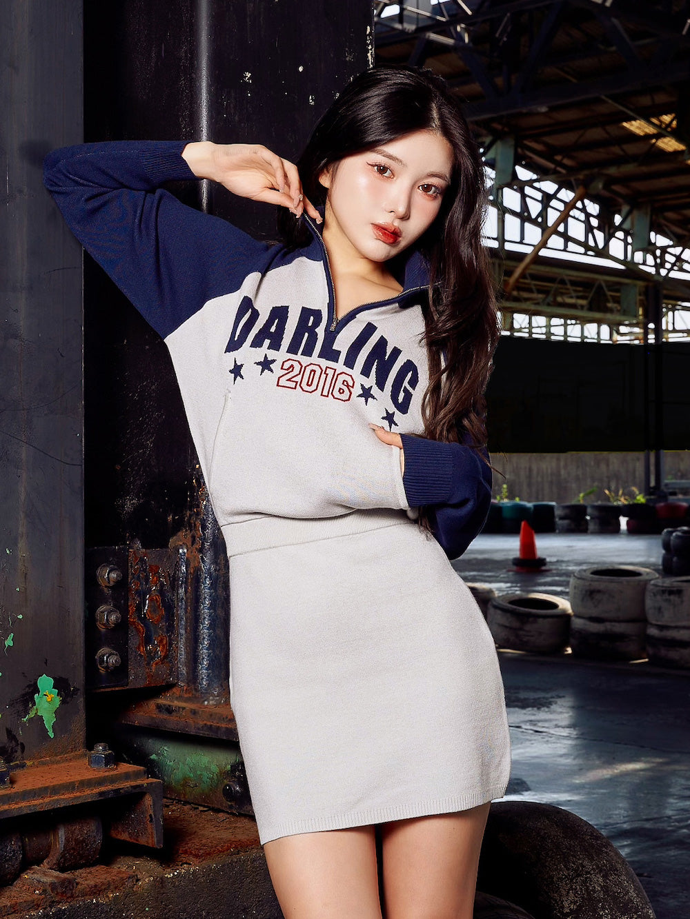 新品　ダーリッチ　ミニワンピース　サックス　FREE ダーリッチ Darich ロゴアメスリニットミニワンピース