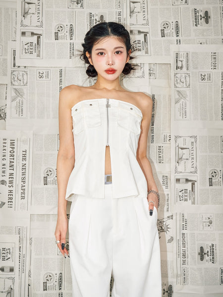 Zipper-design cotton bandeau top