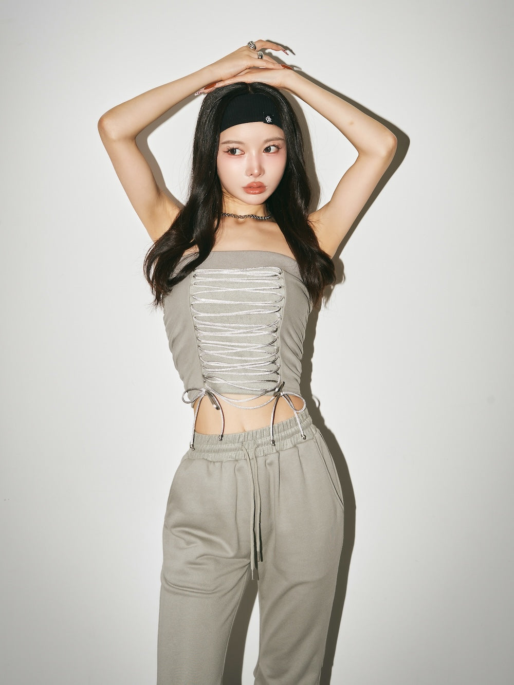 レースアップギャザースウェットトップス - gry