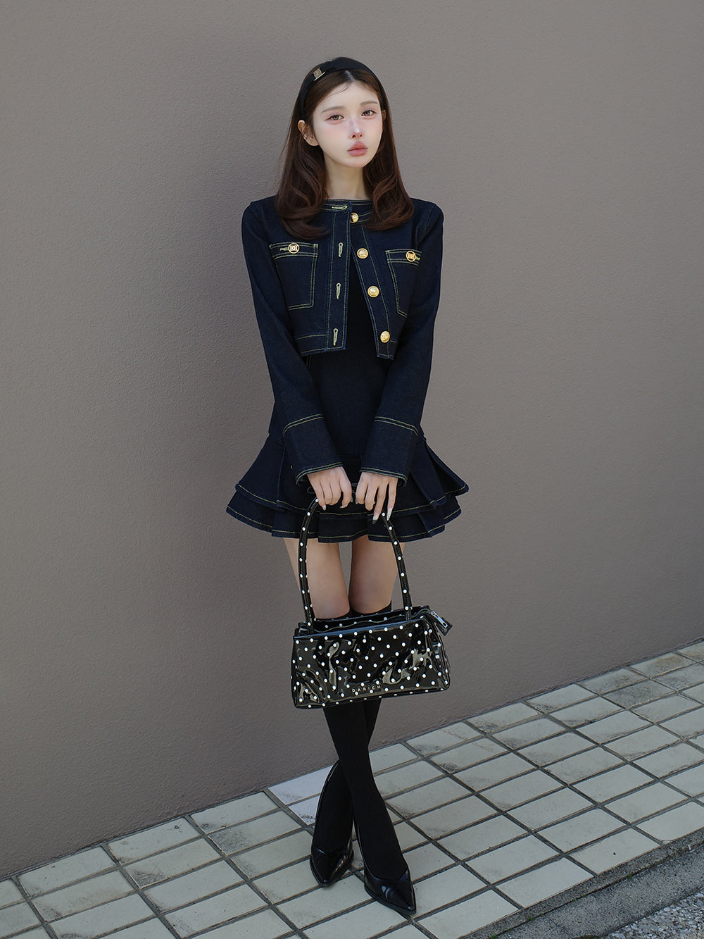 ダブルプリーツデニムミニワンピース