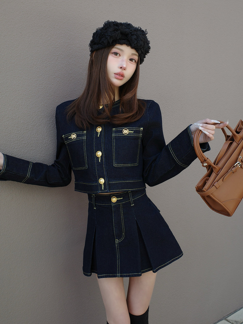 DDボタンノーカラーデニムジャケット