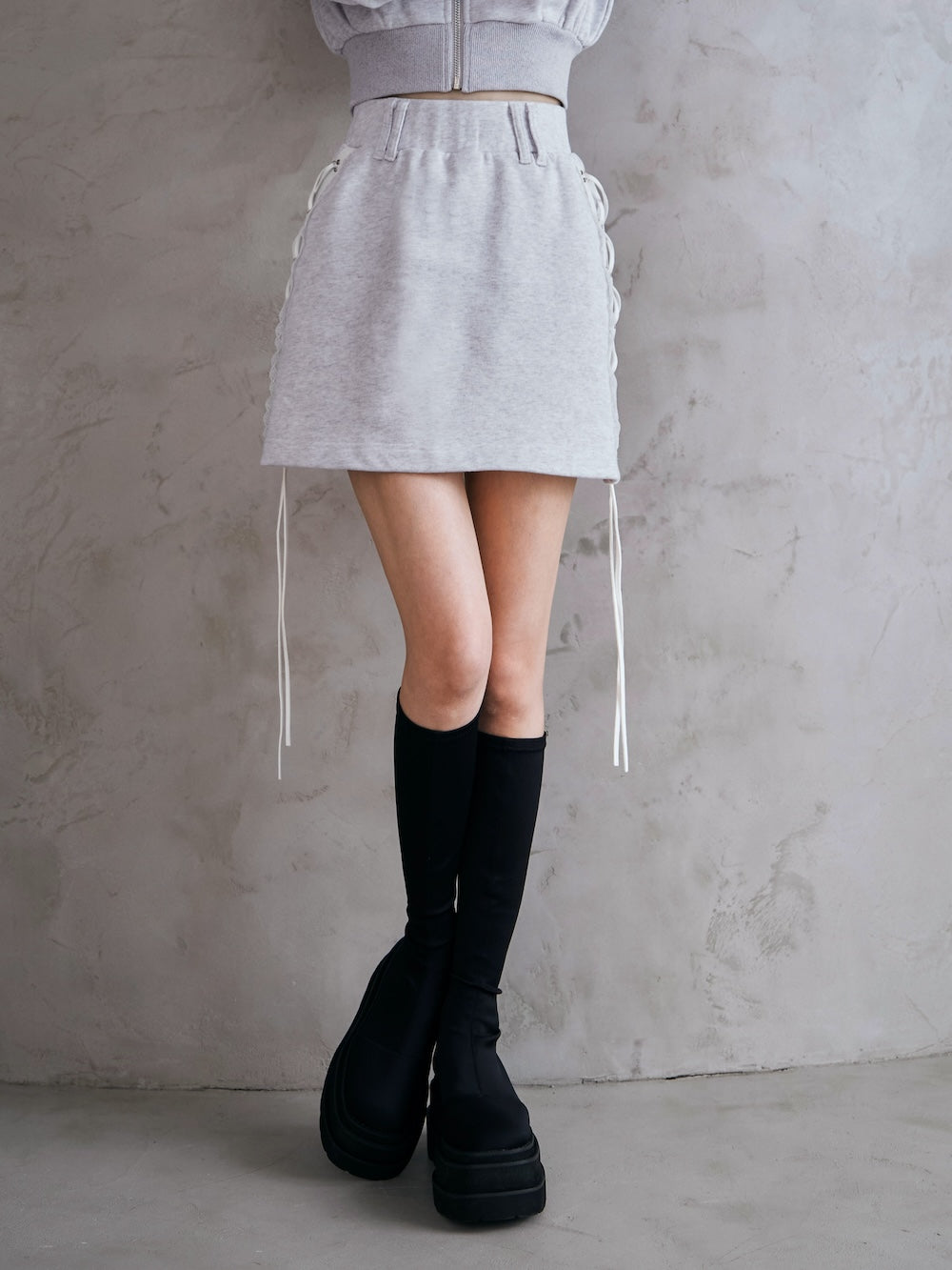 レースアップスウェットミニスカート - l-gry