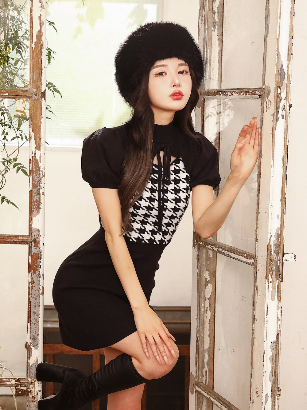 チェックリボンニットミニワンピース – Darich