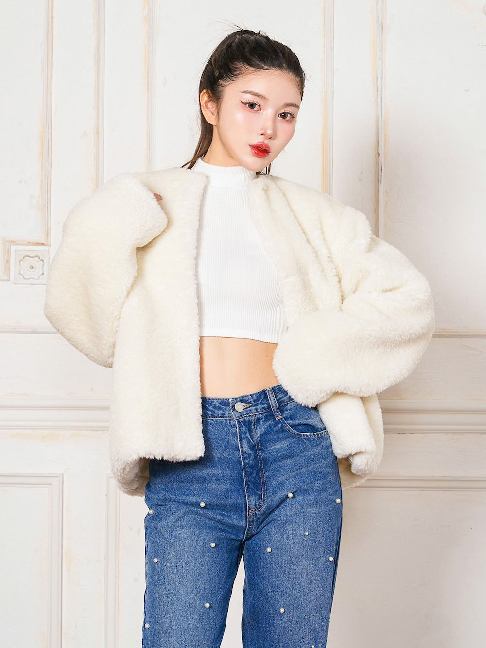 ノーカラーボリュームファーコート - wht