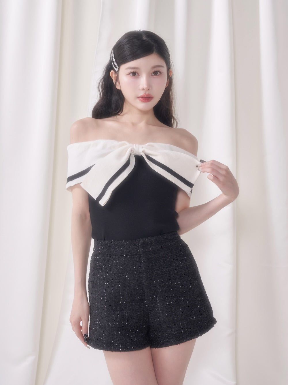 ビッグリボンオフショルニットトップス - blk
