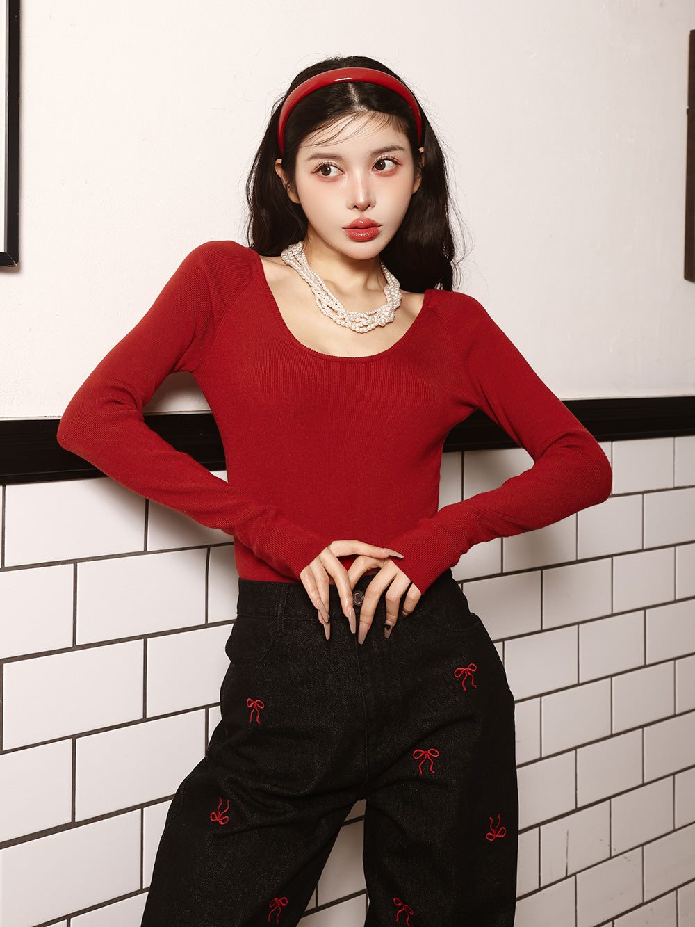 バックオープンニットトップス - red