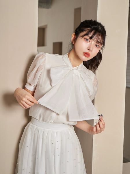 Half-Sleeve Tulle Blouse