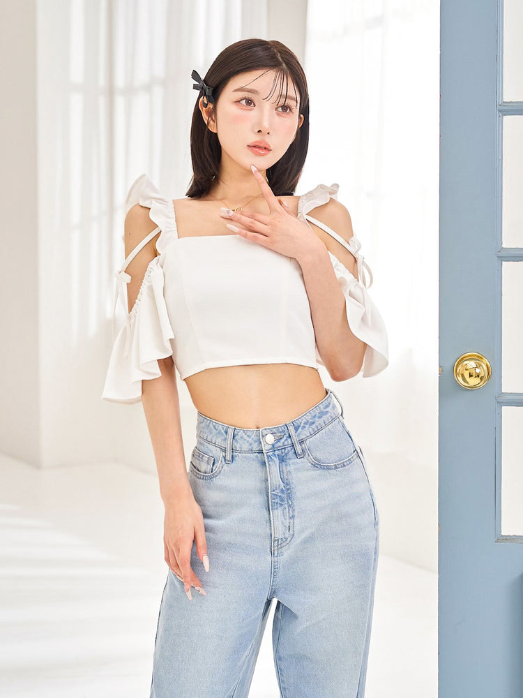 open shoulder ribbon blouse