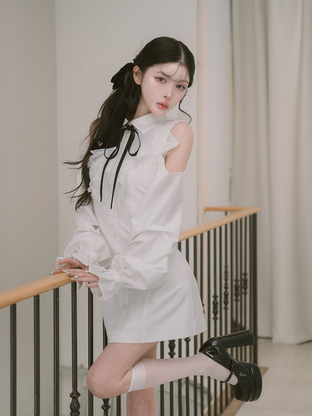 Shoulder Scallop Frill Shirt Mini Dress