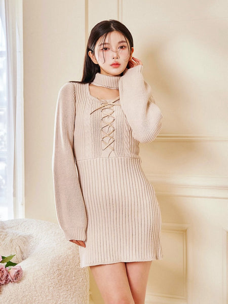 Lace-up Cable-knit Mini Dress