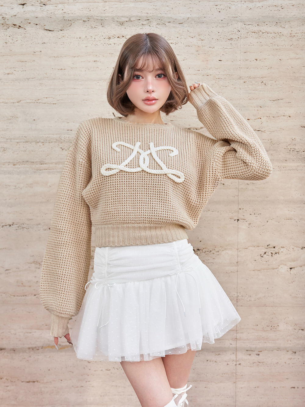 Darich ダーリッチロゴワッフルニットトップス ベージュ♡ ダーリッチ Darich ロゴワッフルニットトップス （ベージュ