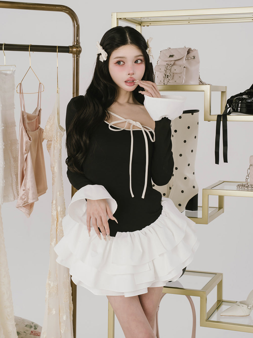 デザインネックリボンミニワンピース