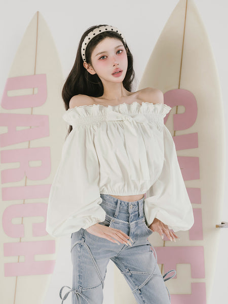 Double Frill Off-Shoulder Ribbon Blouse