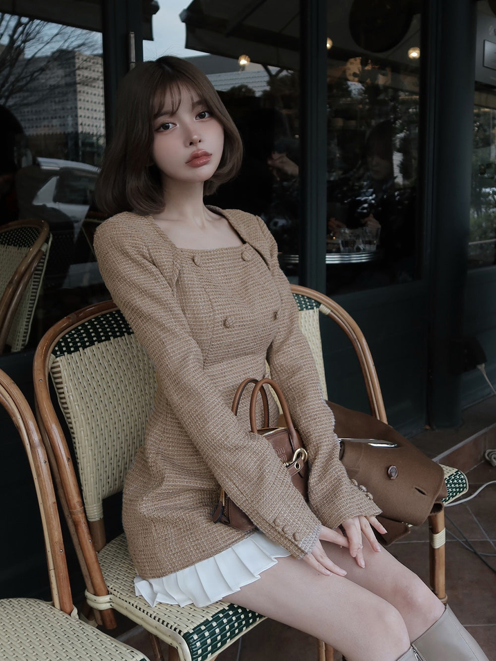 プリーツドッキングツイードミニワンピース