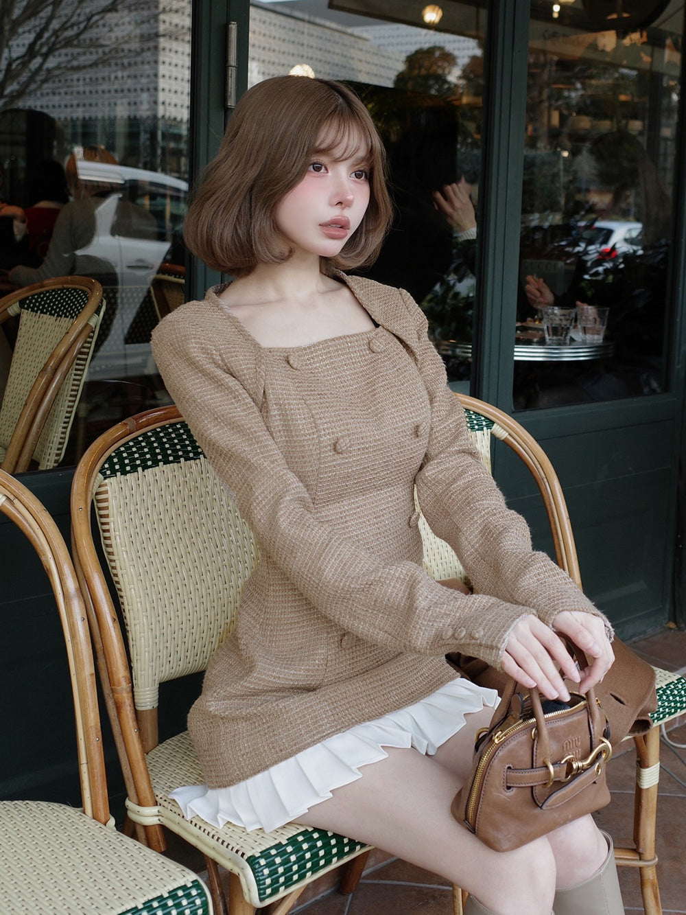 プリーツドッキングツイードミニワンピース