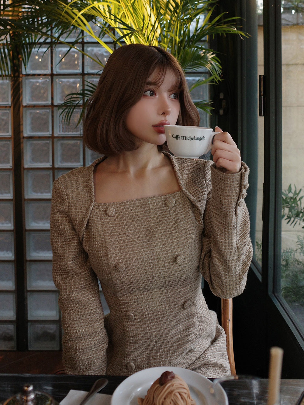 プリーツドッキングツイードミニワンピース