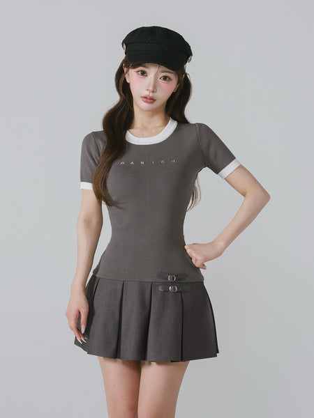Belt Design Logo Pleated Knit Mini Dress