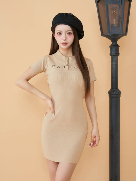 Half-Zip Ribbed Knit Mini Dress
