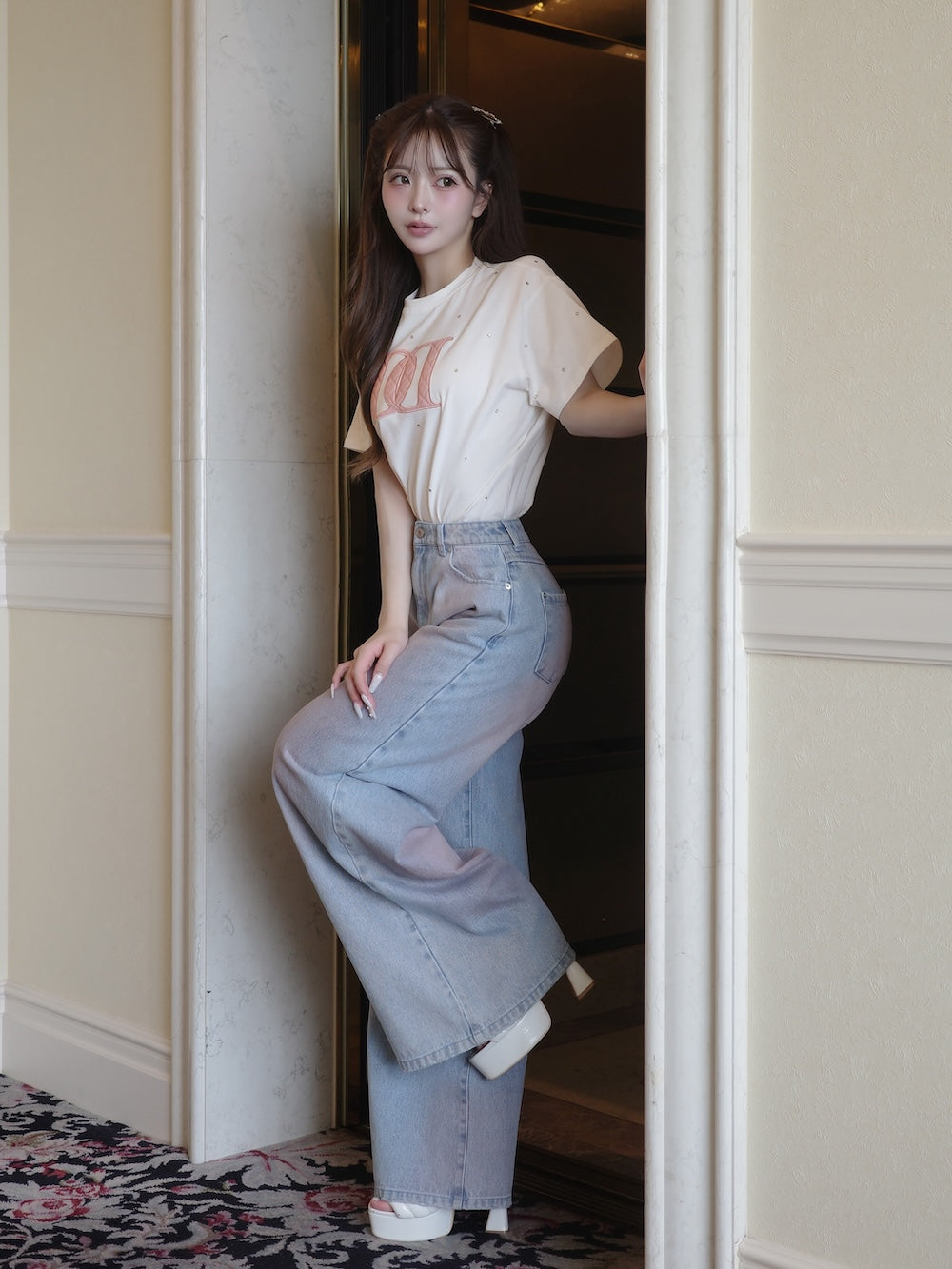 キルティングアップリケビジューTシャツ