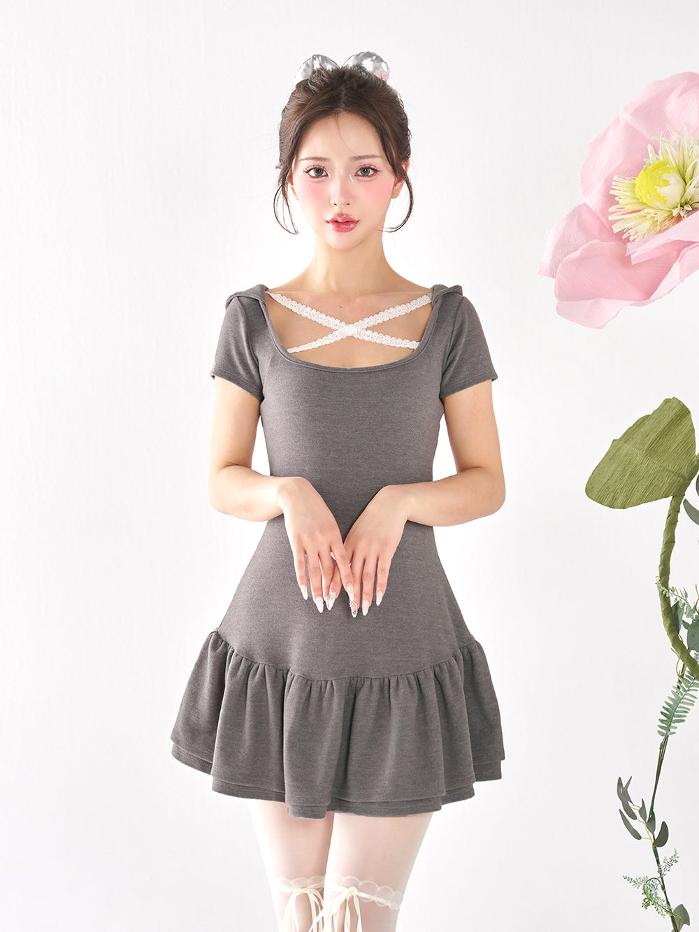 ポイントレースカットミニワンピース - gry