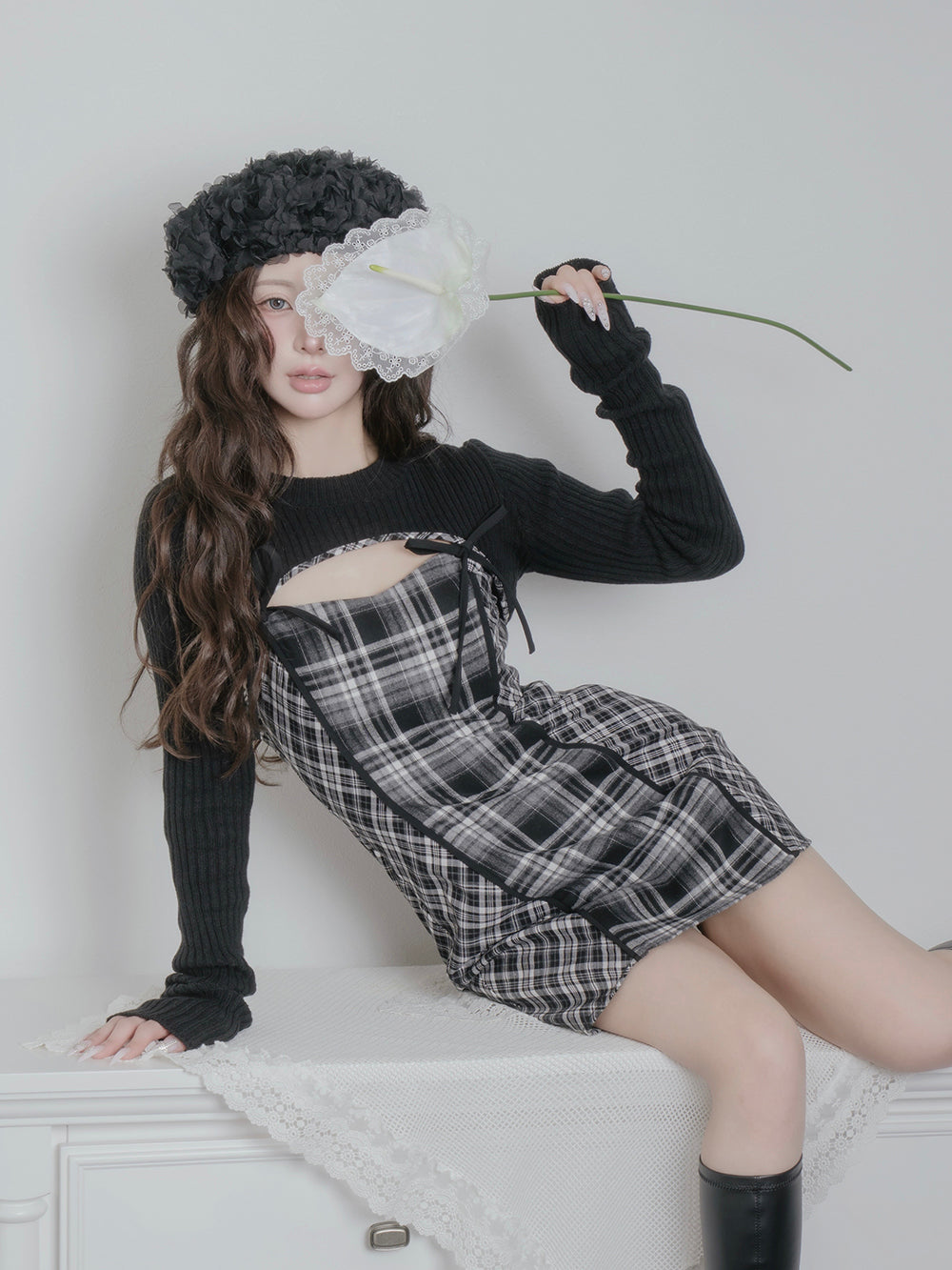 ニットボレロダブルチェックミニワンピース – Darich