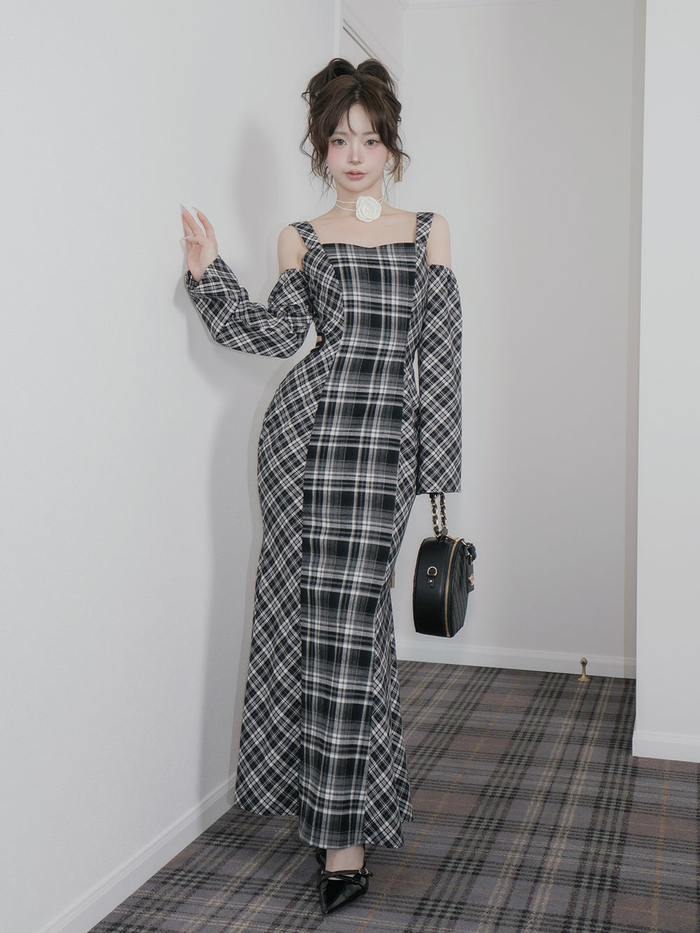 バックオープンチェックマーメイドロングワンピース – Darich (ダーリッチ)