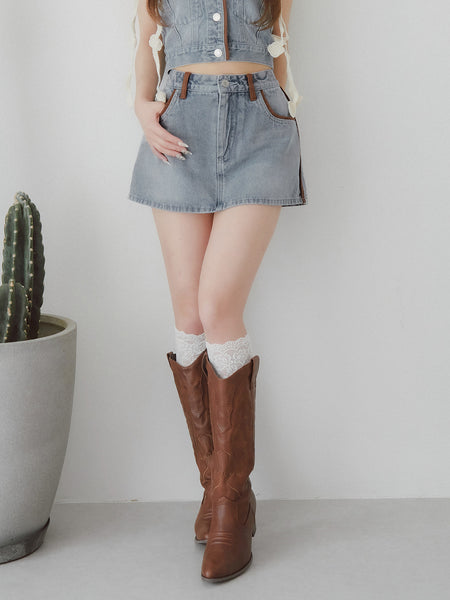 Suede Piping Denim Miniskirt