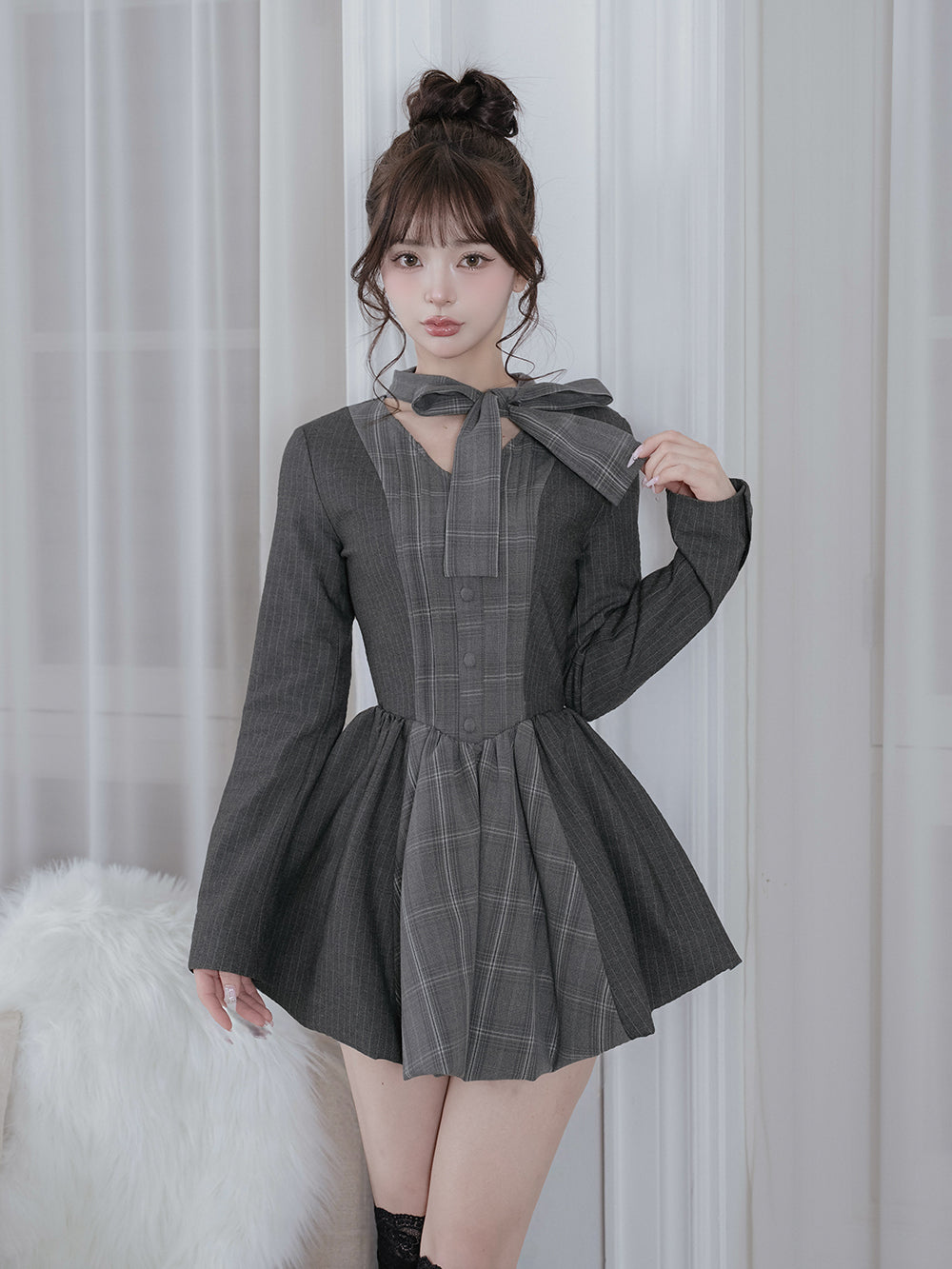 チェックストライプバルーンミニワンピース - gry