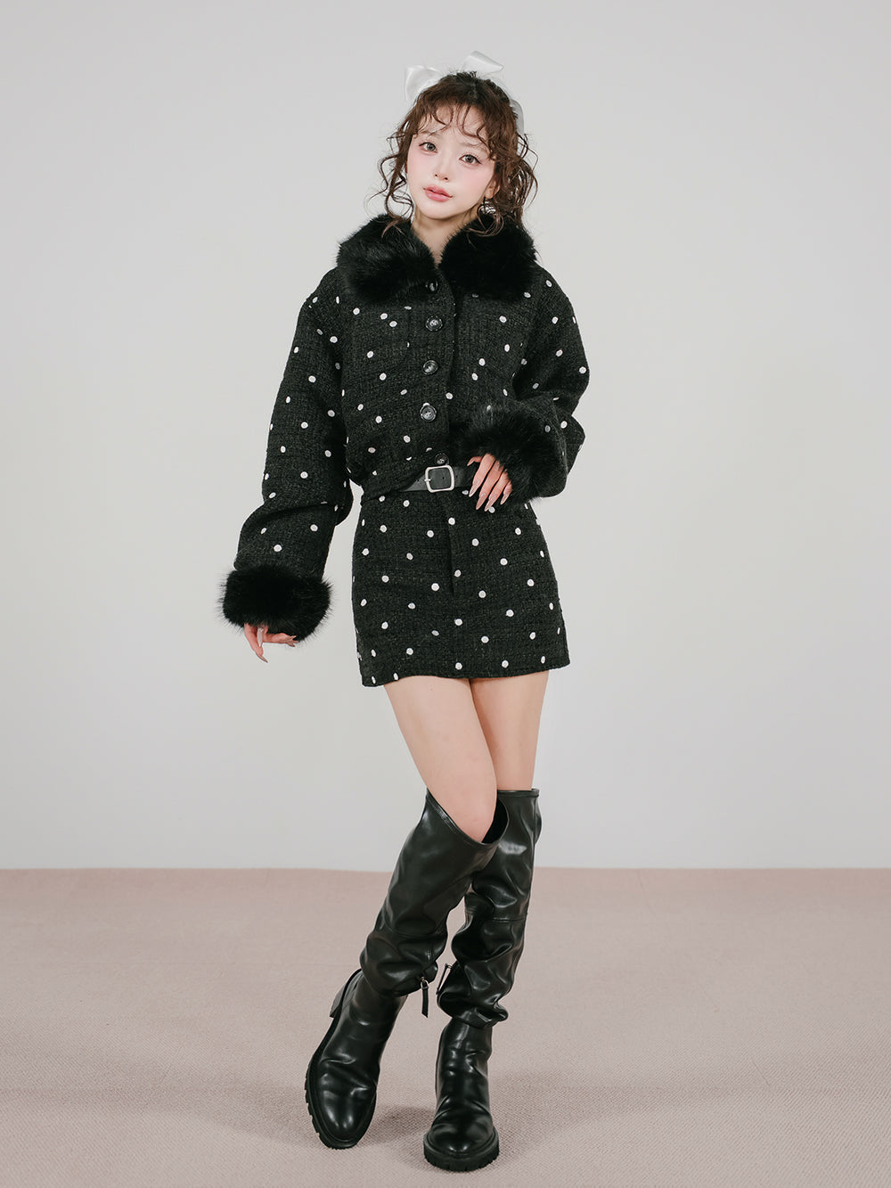 Darlingボーダーツイードミニスカート 黒（BLK） M ダーリッチ Darich ドッキングファーツイードミニスカート