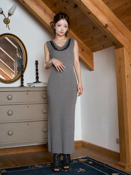 Edged Lace-Knit Long Dress