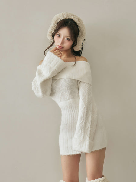 Hairy Off-Shoulder Knit Mini Dress