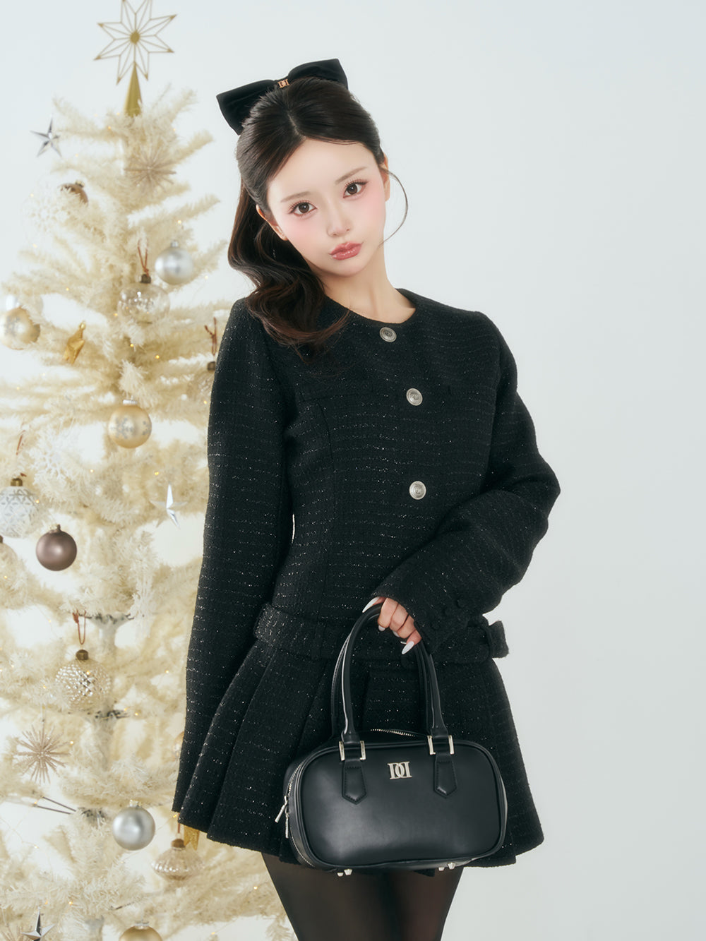 ボックスプリーツツイードミニワンピース - blk