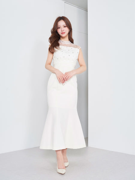 Pearl Bejeweled Neck Wide Strapless Dress