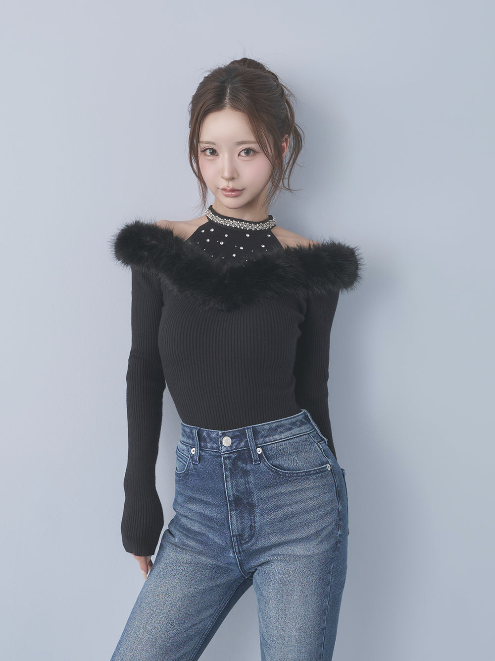 ファートリムビジューニットトップス - blk