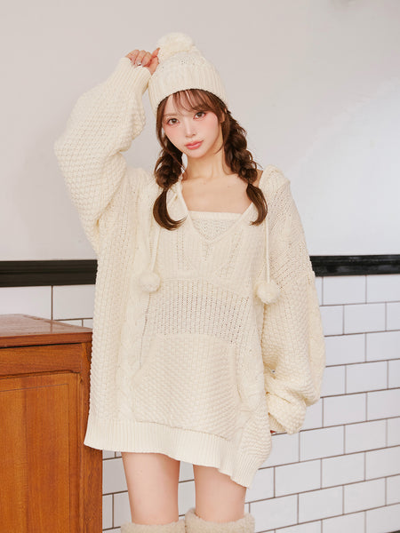 Cable DD Logo V-Neck Knit Hoodie
