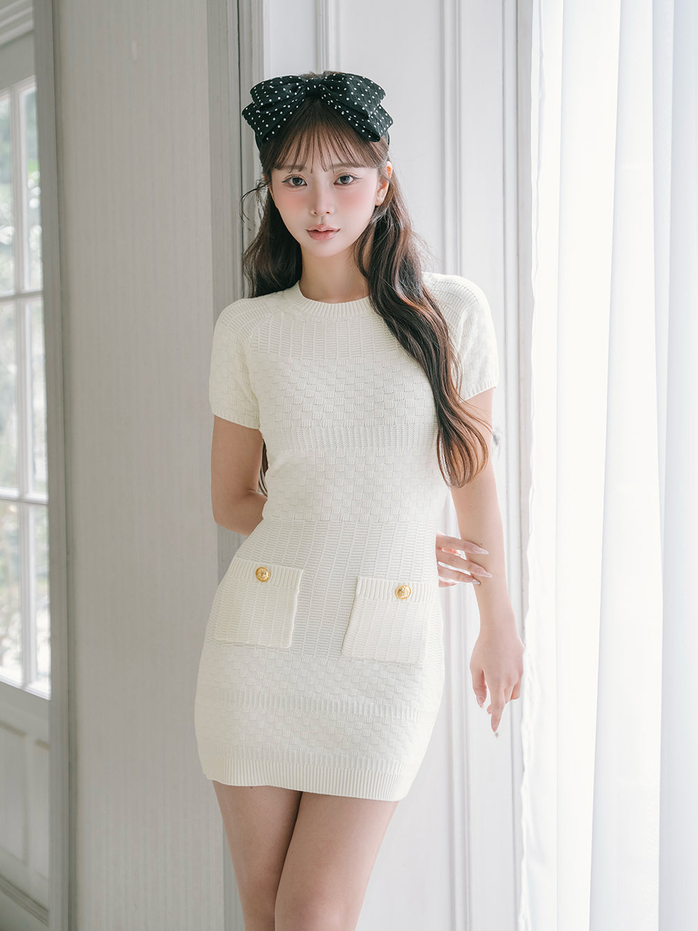 DDボタンミックスパターンニットミニワンピース