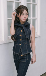 DDボタンリボンデニムトップス – Darich
