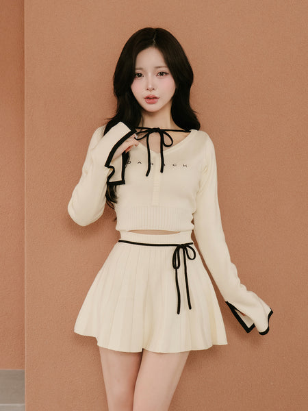West Open Ribbon Design Knit Mini Dress